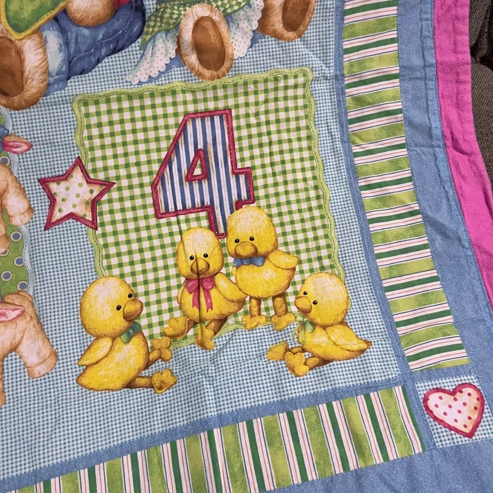 Vtg Handmade‎ Baby Quilt Blue Jean Teddy Animals Numbers Nursery Blanket 44x36